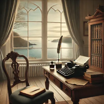 Imagen de una sala de escritura vintage con una ventana al mar, un escritorio clásico y libros antiguos, evocando la obra de Josefina de la Torre
